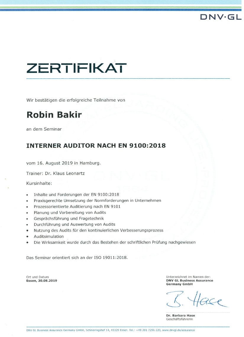 DNV GL Zertifikat Interner Auditor EN 9100:2018 - Luft- und Raumfahrt Qualitätsmanagement