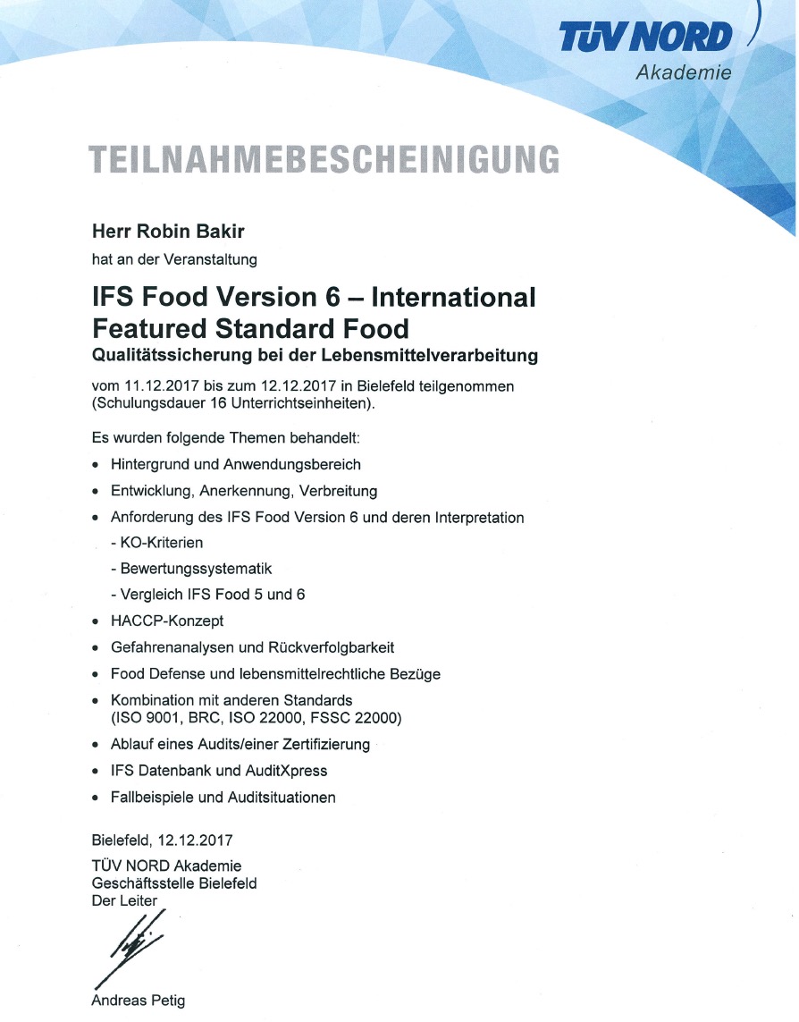 TÜV NORD Zertifikat IFS Food Version 6 - Qualitätssicherung Lebensmittelverarbeitung